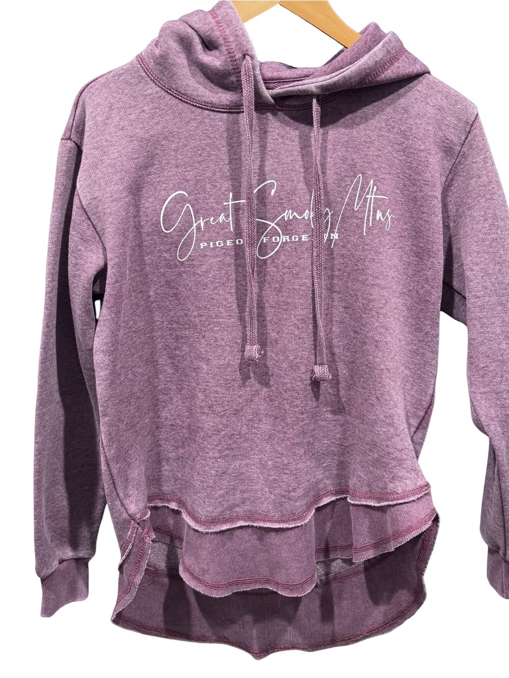 NWT Coconut Creek Great Smoky Mtns Hoodie Women L Purple Raw Hem Pigeon Forge TN